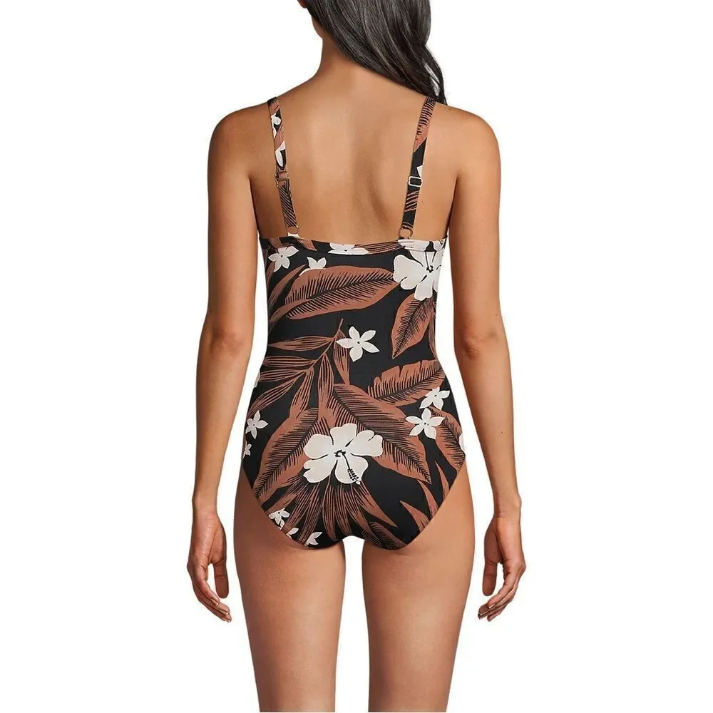 Land's End 1 piece suit chlorine resist targeted sculpting black floral palm Var